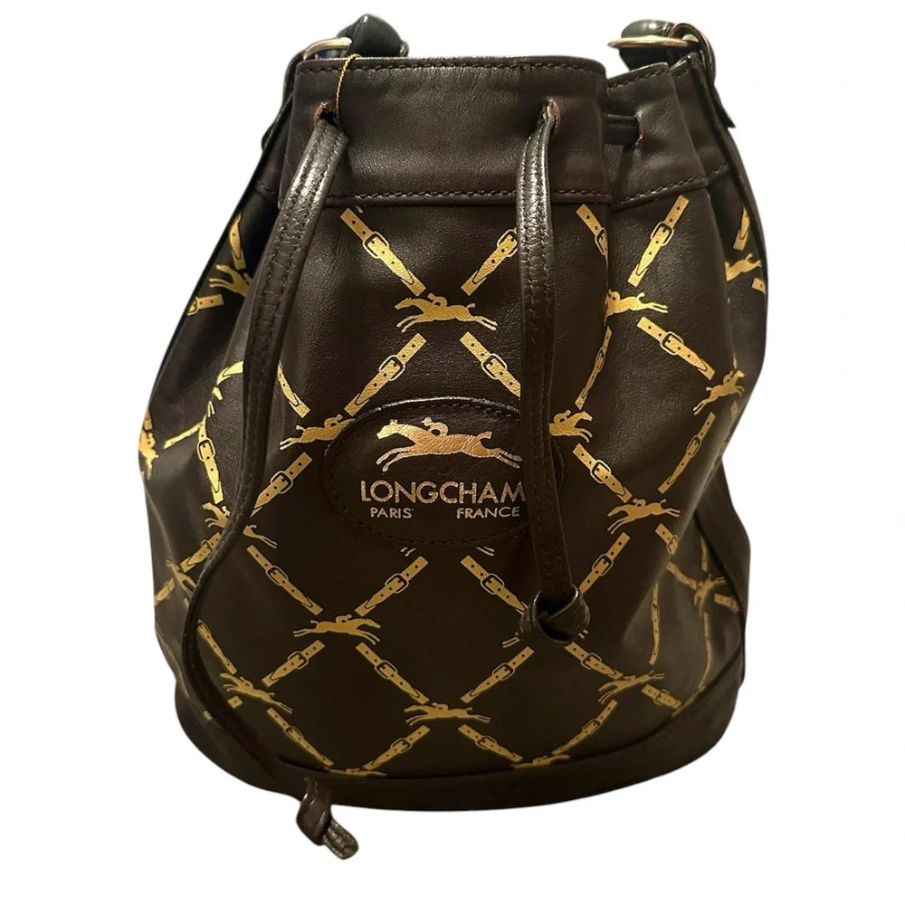 LONGCHAMP BROWN AND TAN LEATHER DRAWSTRING BUCKET SHOULDER BAG - Picture 3 of 6